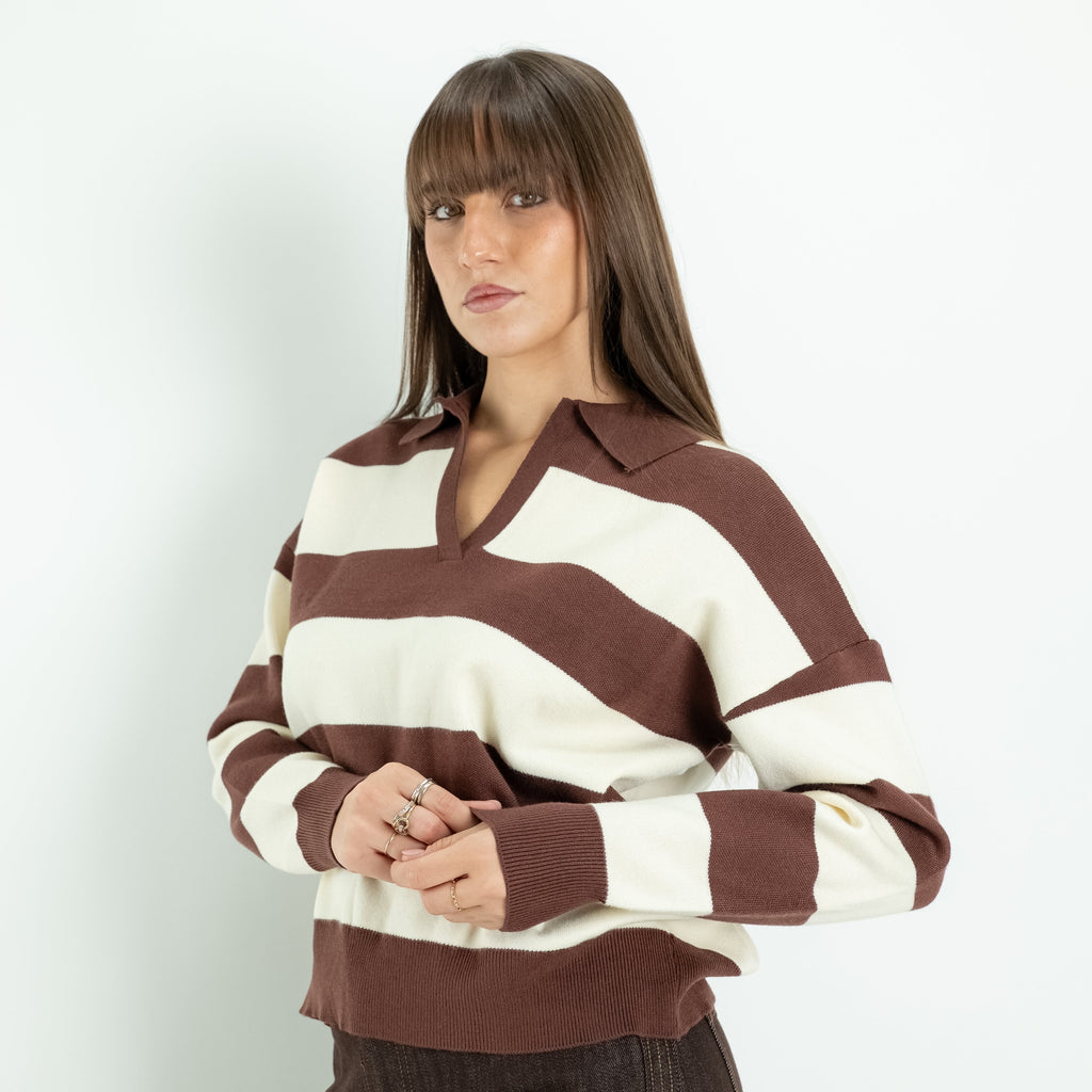 Jersey de rayas con cuello polo y escote en V - Marrón