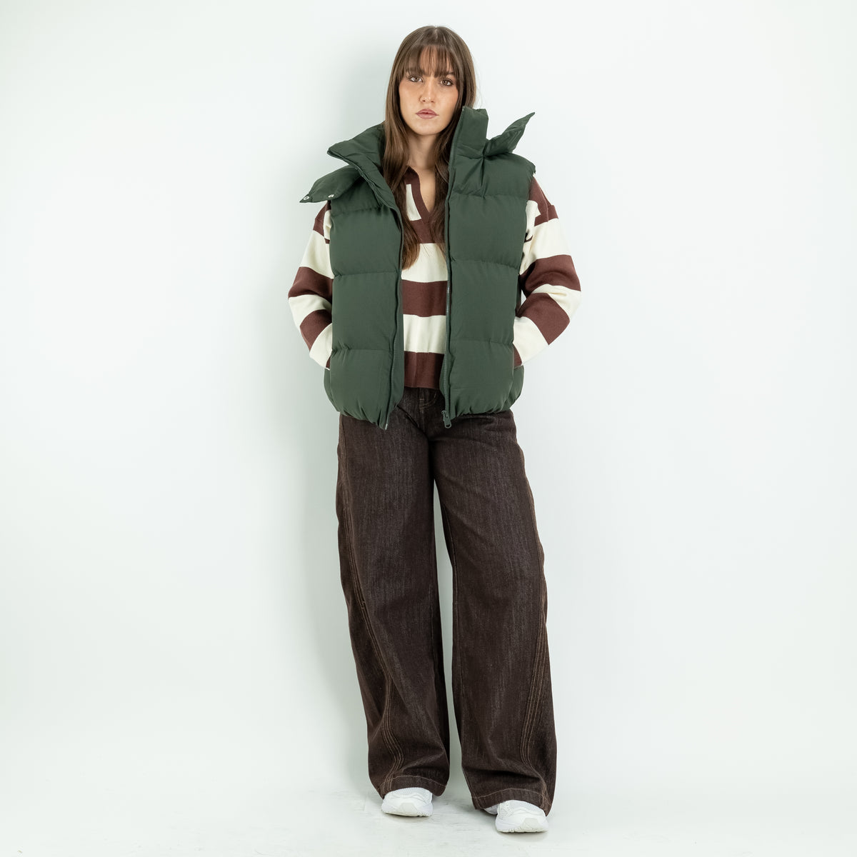 Gilet Piumino Imbottito con Cappuccio e Collo Alto - Verde