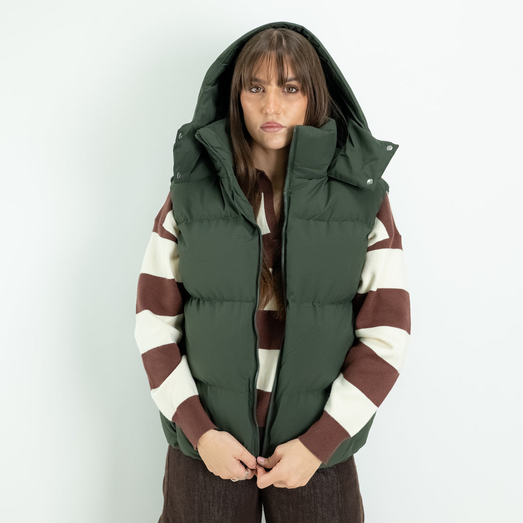 Gilet Piumino Imbottito con Cappuccio e Collo Alto - Verde