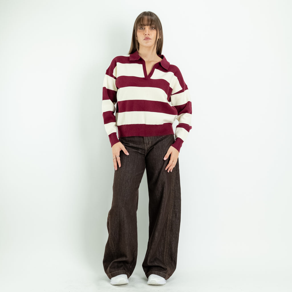 Pullover a Righe con Collo Polo e Scollo a V - Vinaccia
