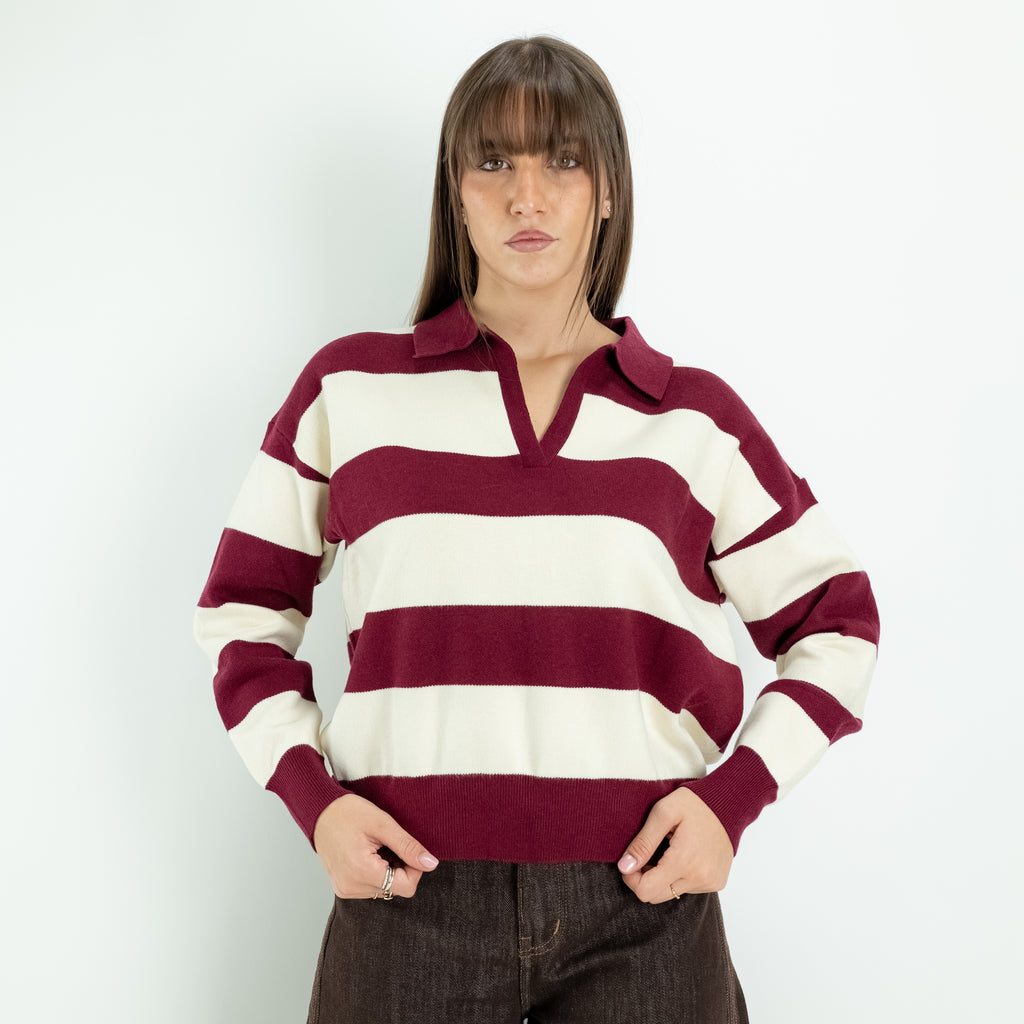 Pullover a Righe con Collo Polo e Scollo a V - Vinaccia