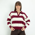 Pullover a Righe con Collo Polo e Scollo a V - Vinaccia