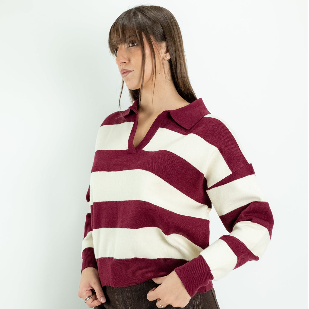 Pullover a Righe con Collo Polo e Scollo a V - Vinaccia