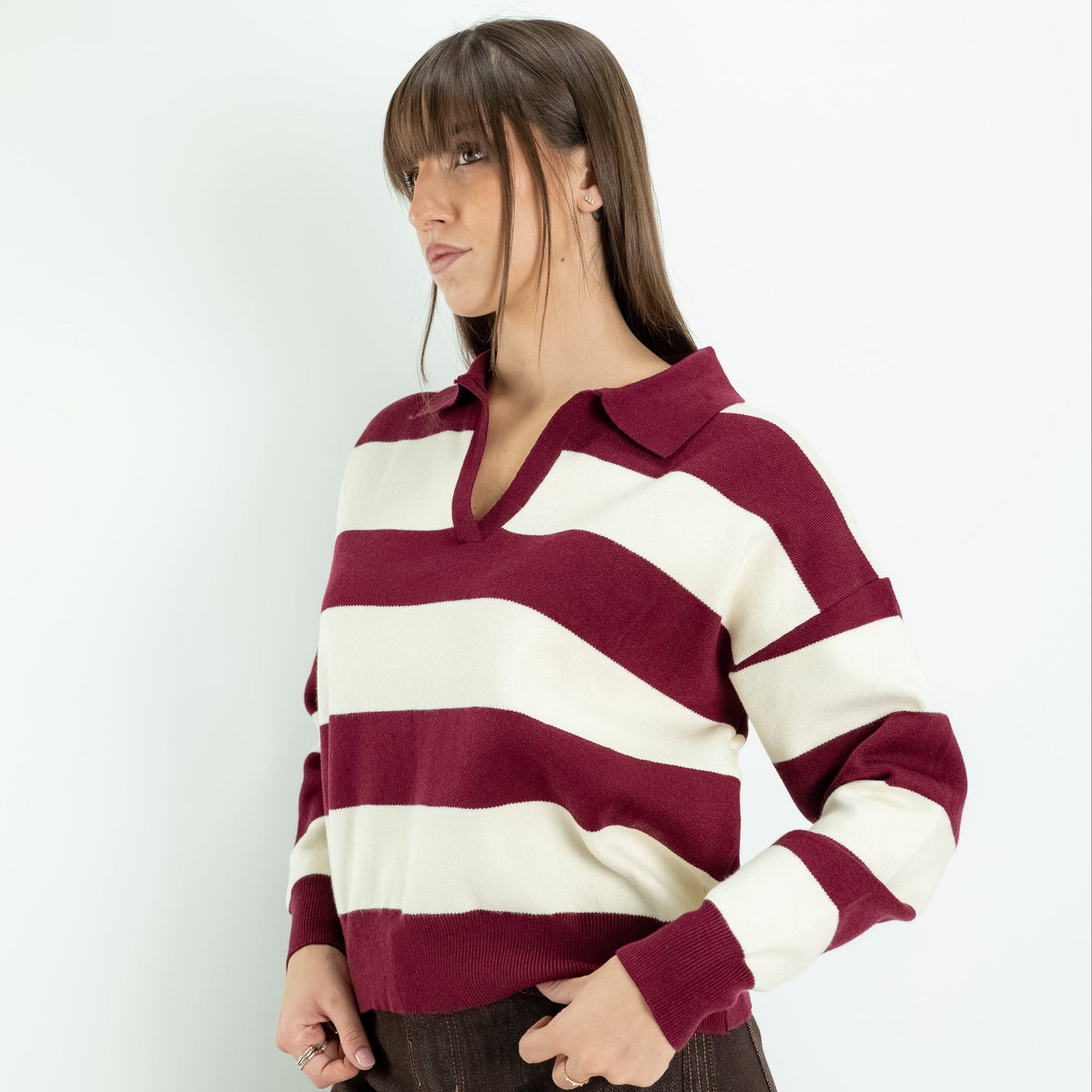 Pullover a Righe con Collo Polo e Scollo a V - Vinaccia