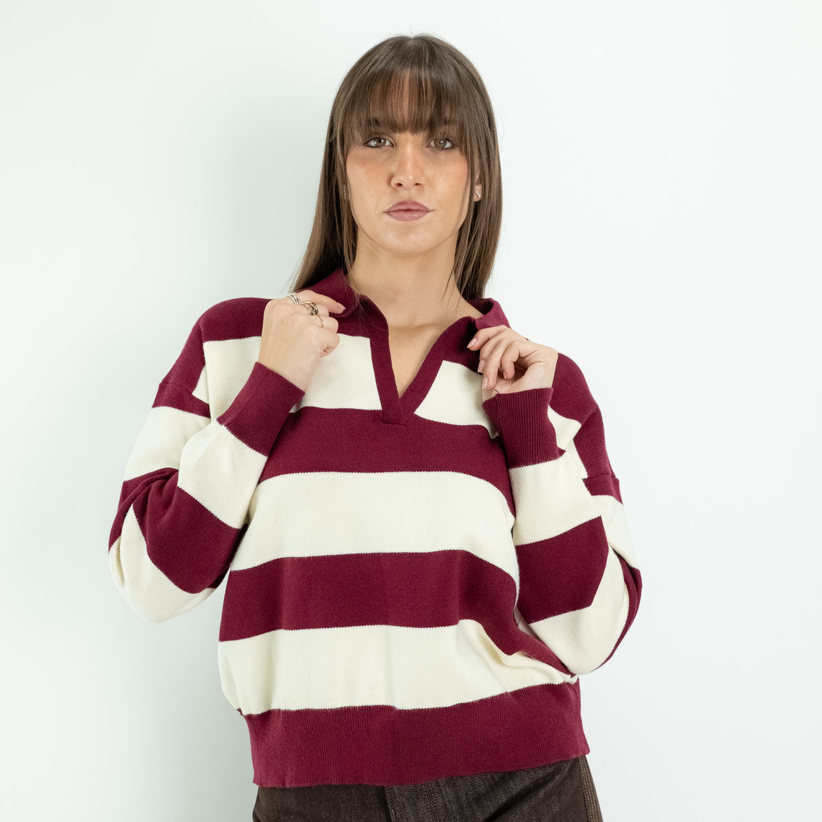 Pullover a Righe con Collo Polo e Scollo a V - Vinaccia