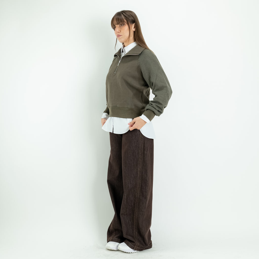 Pullover Mezza Zip con Maniche in Maglia - Verde Militare