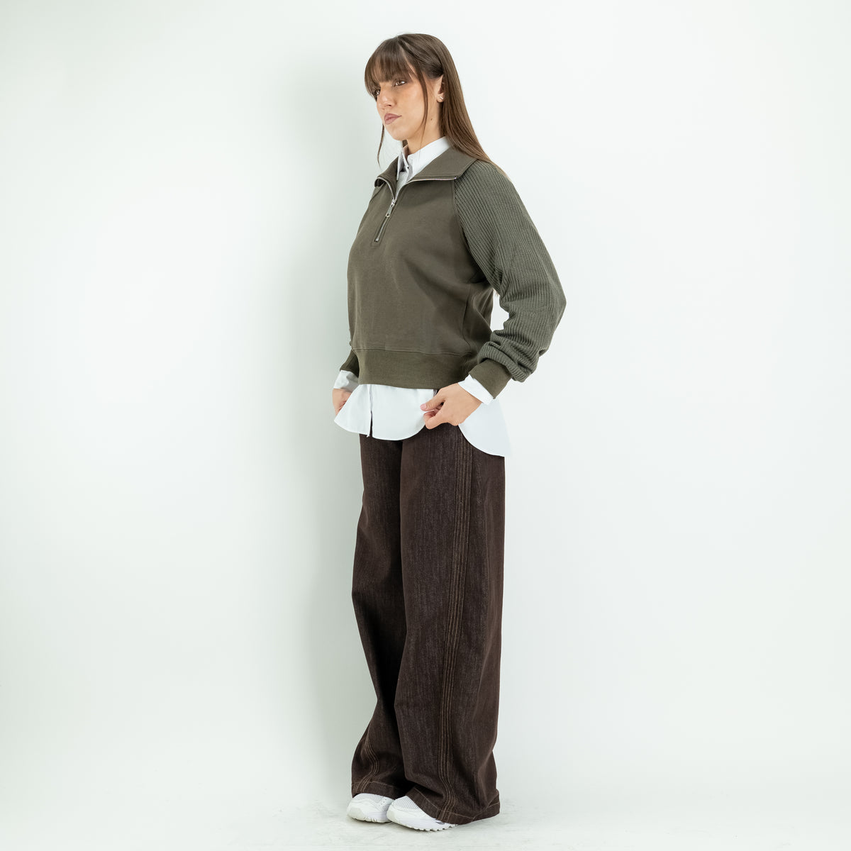 Pullover Mezza Zip con Maniche in Maglia - Verde Militare