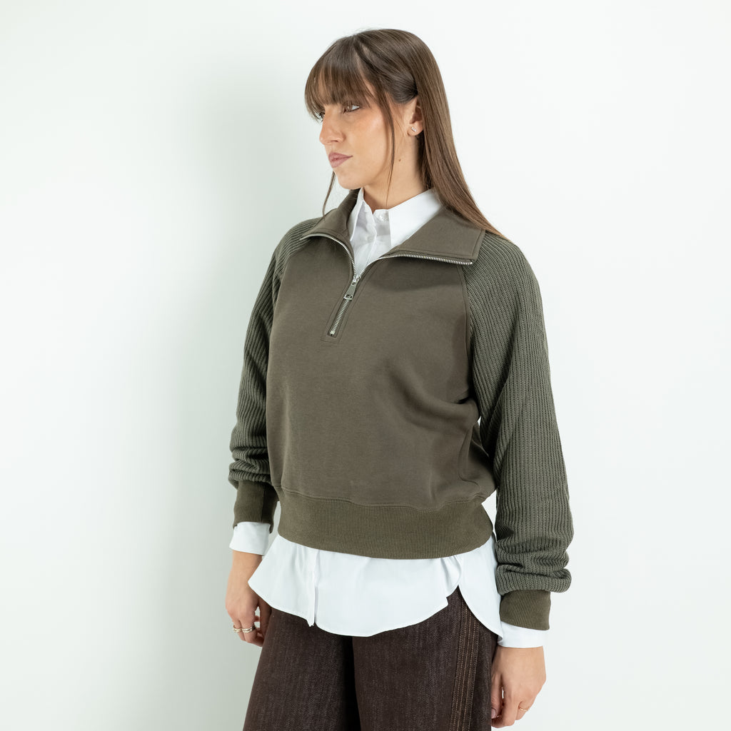 Pullover Mezza Zip con Maniche in Maglia - Verde Militare