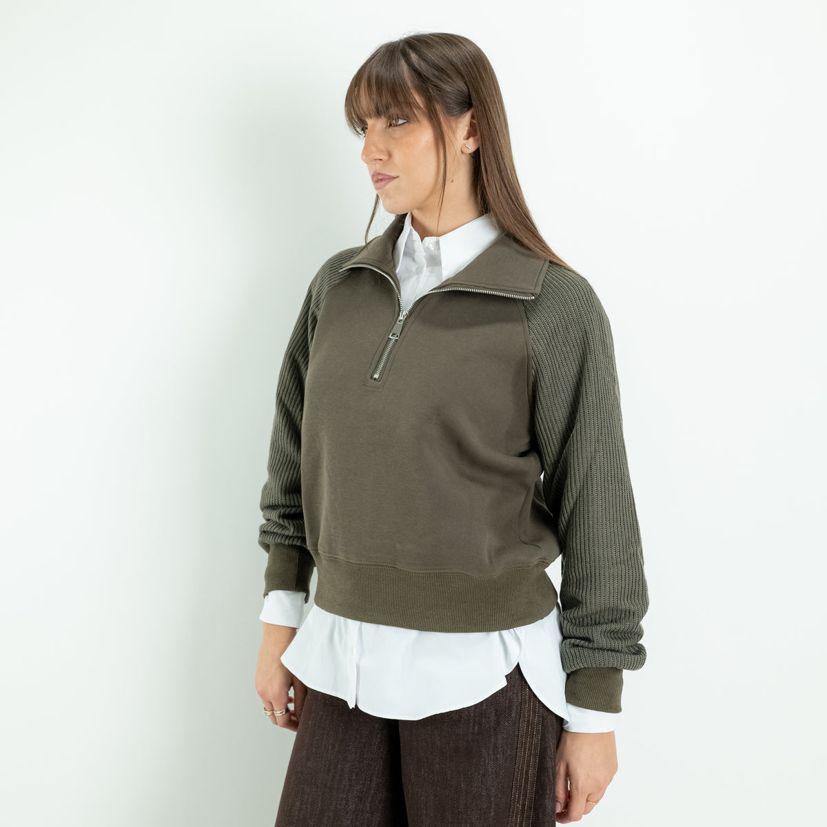 Pullover Mezza Zip con Maniche in Maglia - Verde Militare