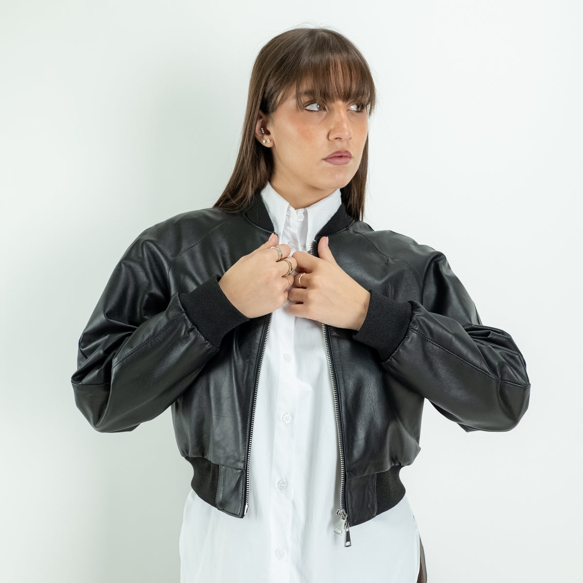 Chaqueta estilo motera para mujer en piel auténtica - Negro