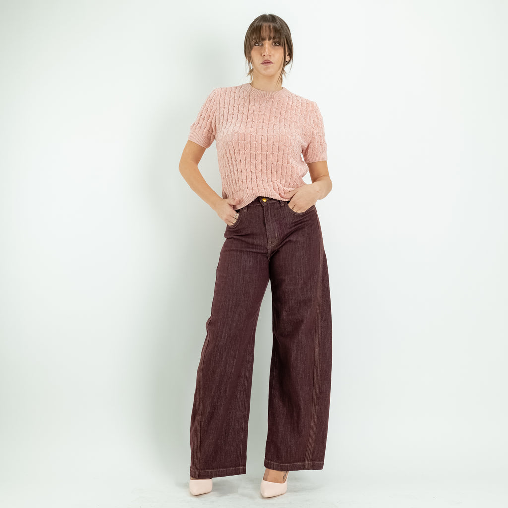 Jersey de Efecto Chenilla con Textura de Trenza y Manga Corta - Rosa
