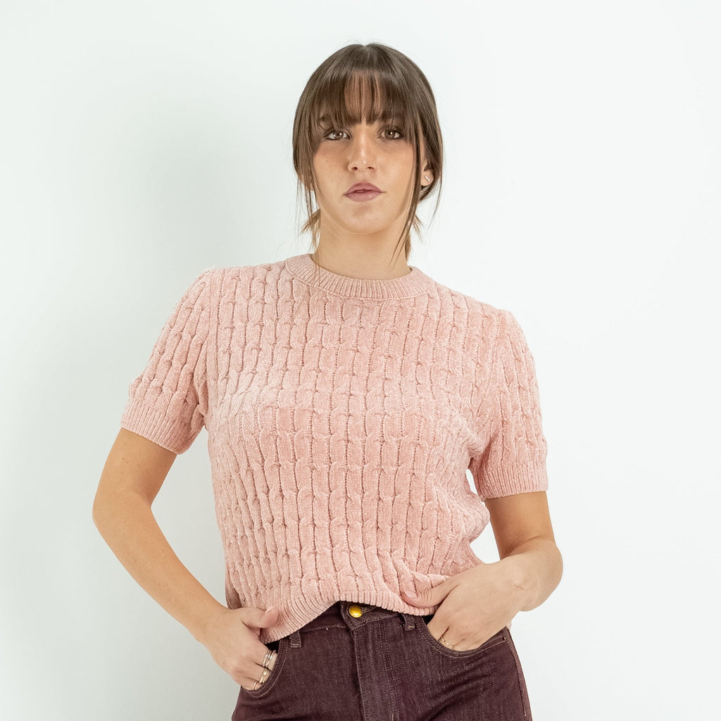 Jersey de Efecto Chenilla con Textura de Trenza y Manga Corta - Rosa