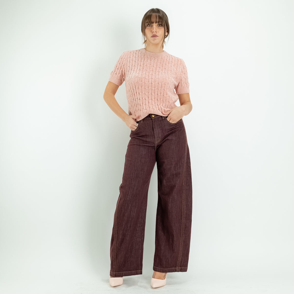 Jeans Balloon Fit con Cuciture a Contrasto - Vinaccia