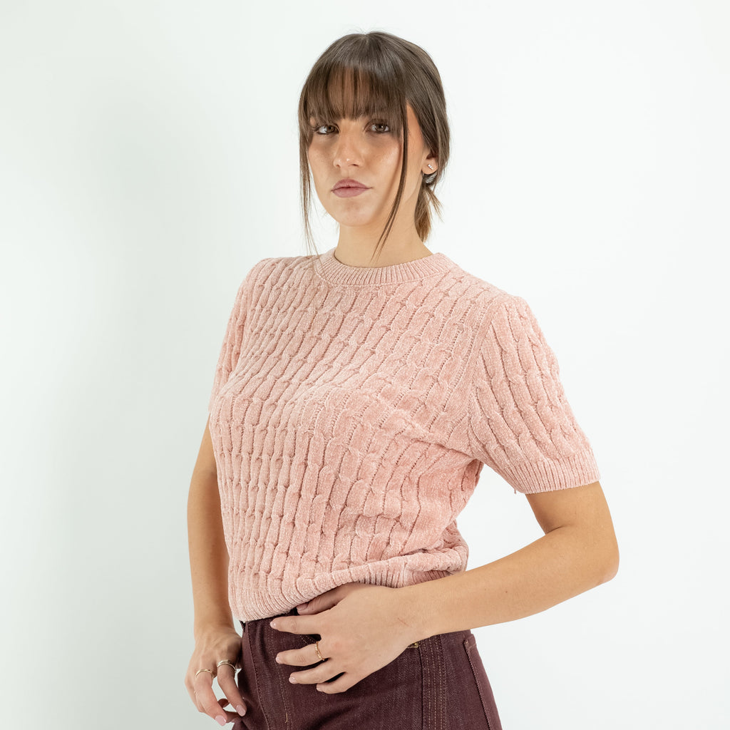 Jersey de Efecto Chenilla con Textura de Trenza y Manga Corta - Rosa