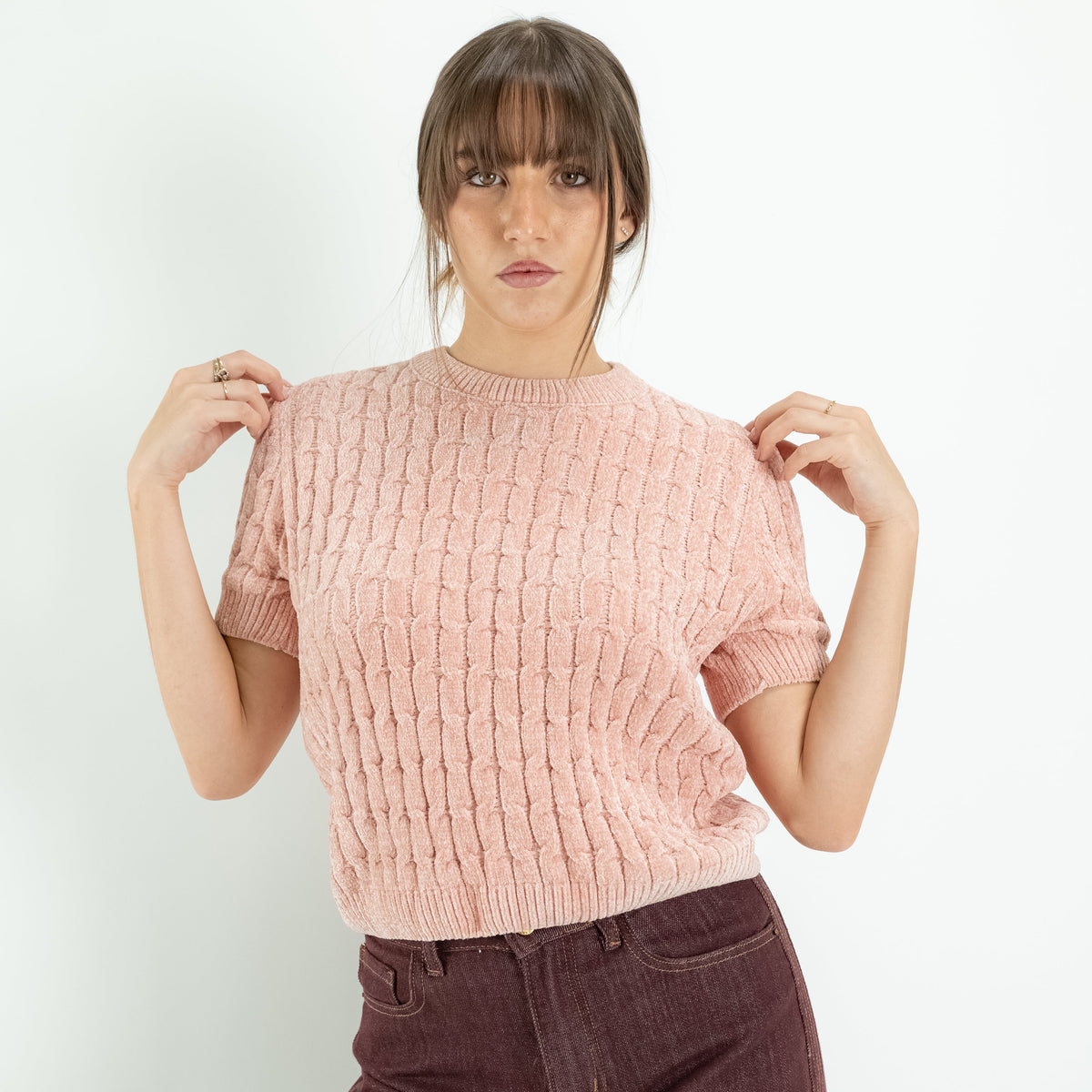 Jersey de Efecto Chenilla con Textura de Trenza y Manga Corta - Rosa