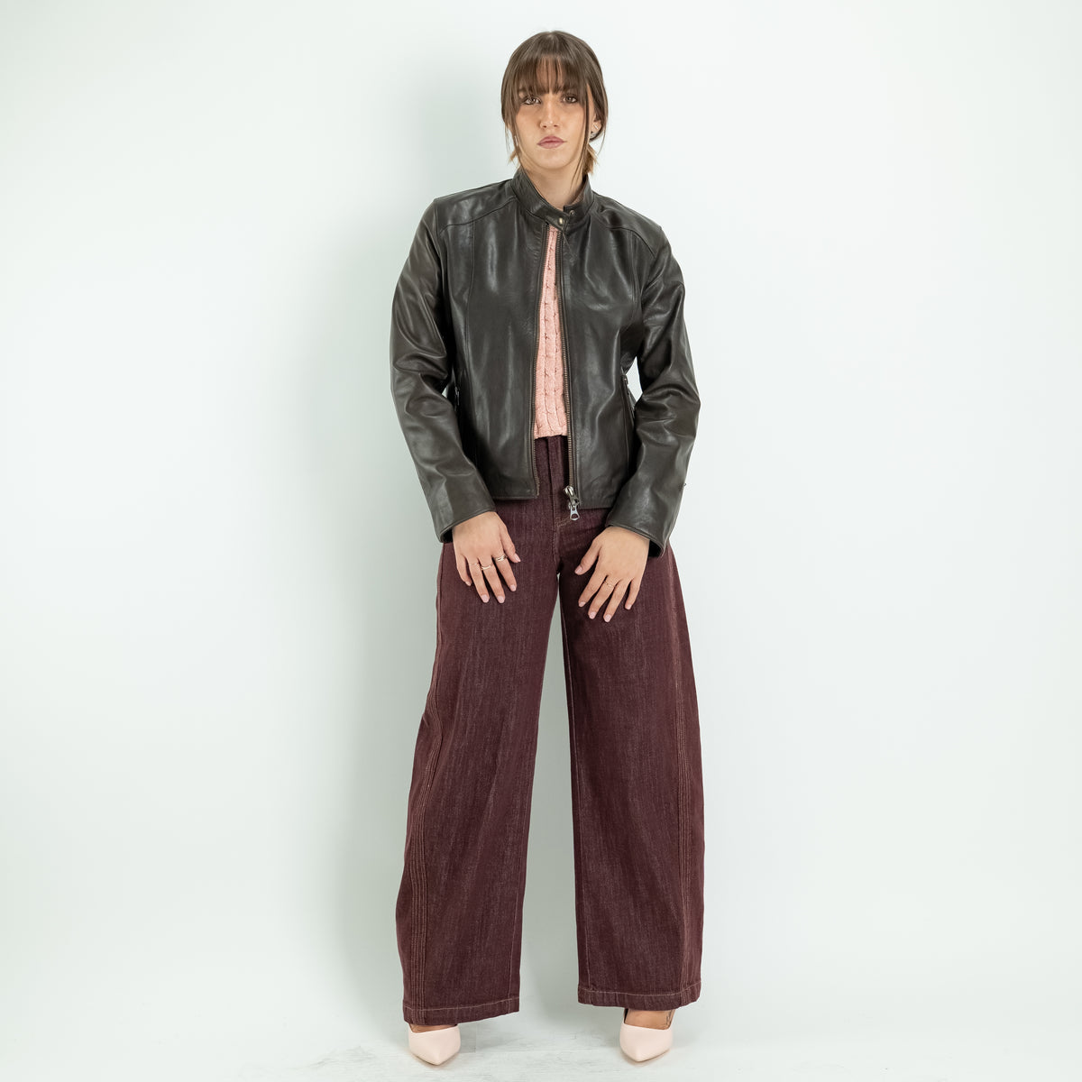Chaqueta biker para mujer en piel auténtica - Avellana