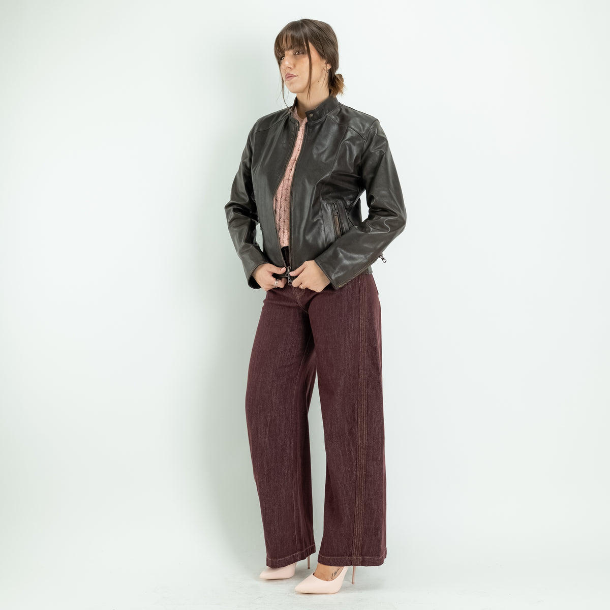 Biker pour femme en cuir véritable - Noisette