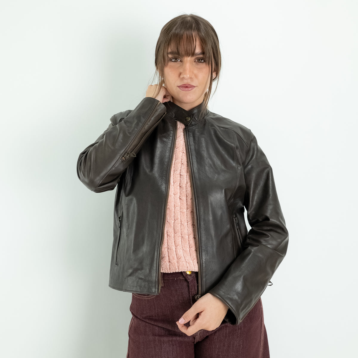 Chaqueta biker para mujer en piel auténtica - Avellana