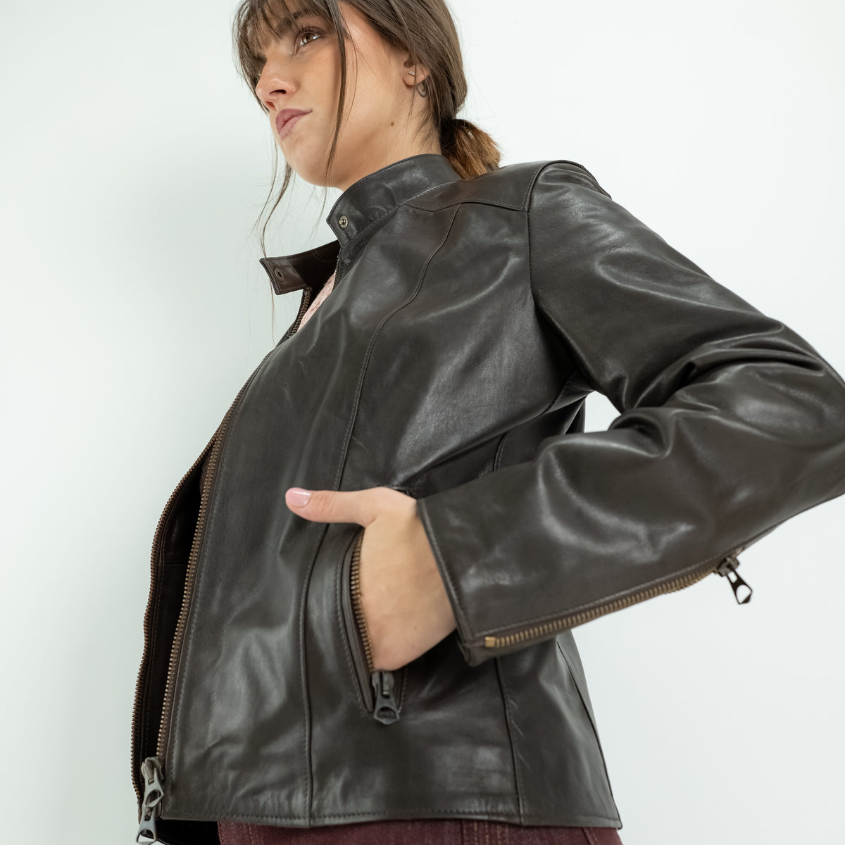 Chaqueta biker para mujer en piel auténtica - Avellana