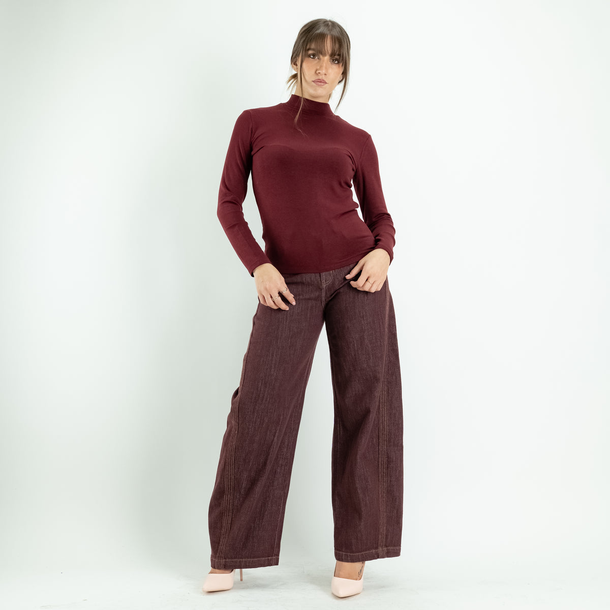 Dolcevita in Cotone Elasticizzato a Maniche Lunghe - Bordeaux