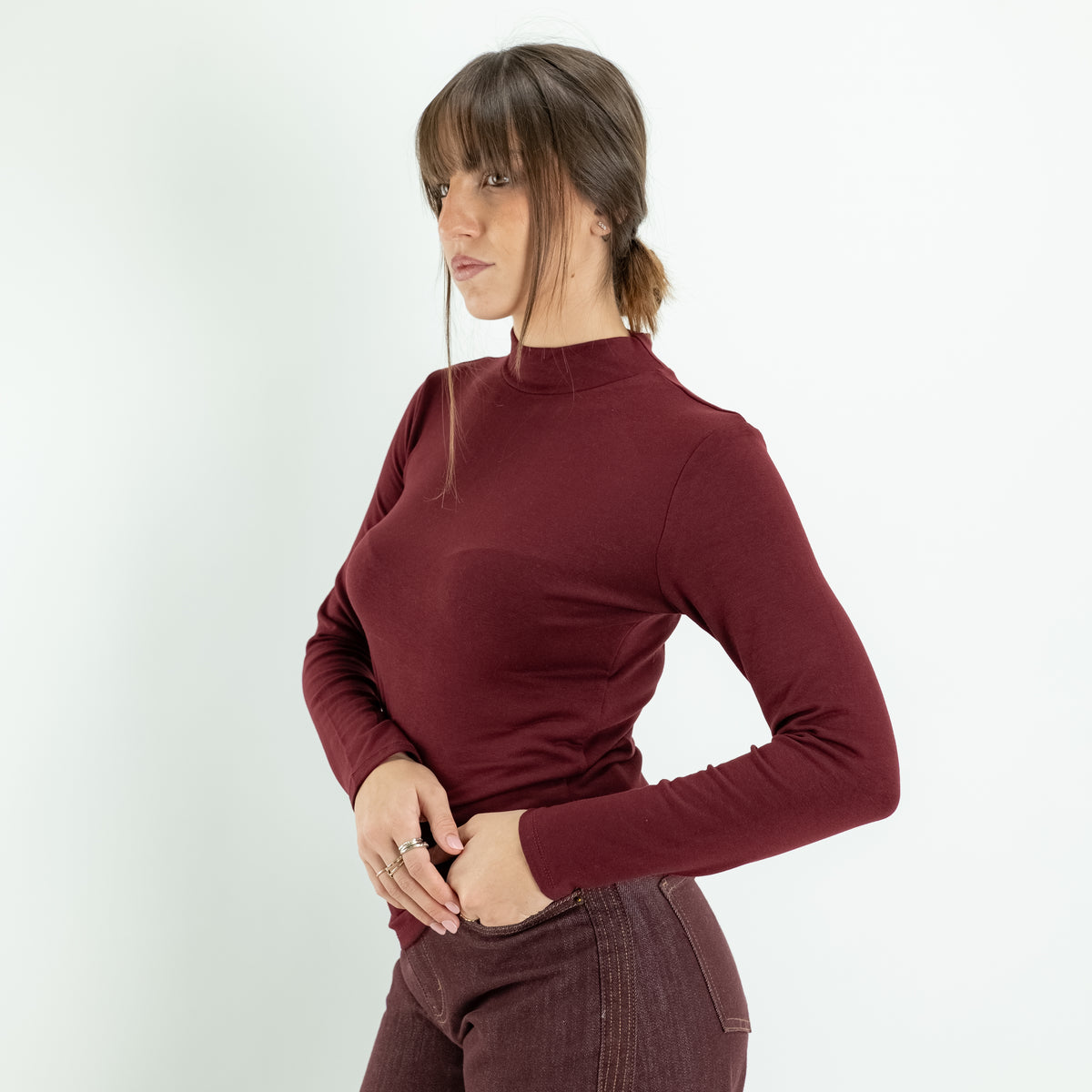 Dolcevita in Cotone Elasticizzato a Maniche Lunghe - Bordeaux