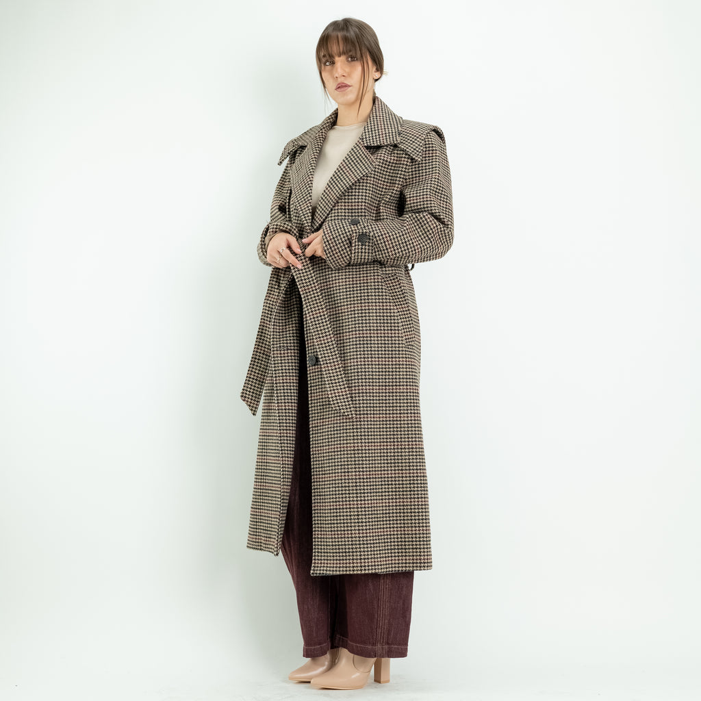 Double-Breasted Houndstooth Trench Coat with Belt