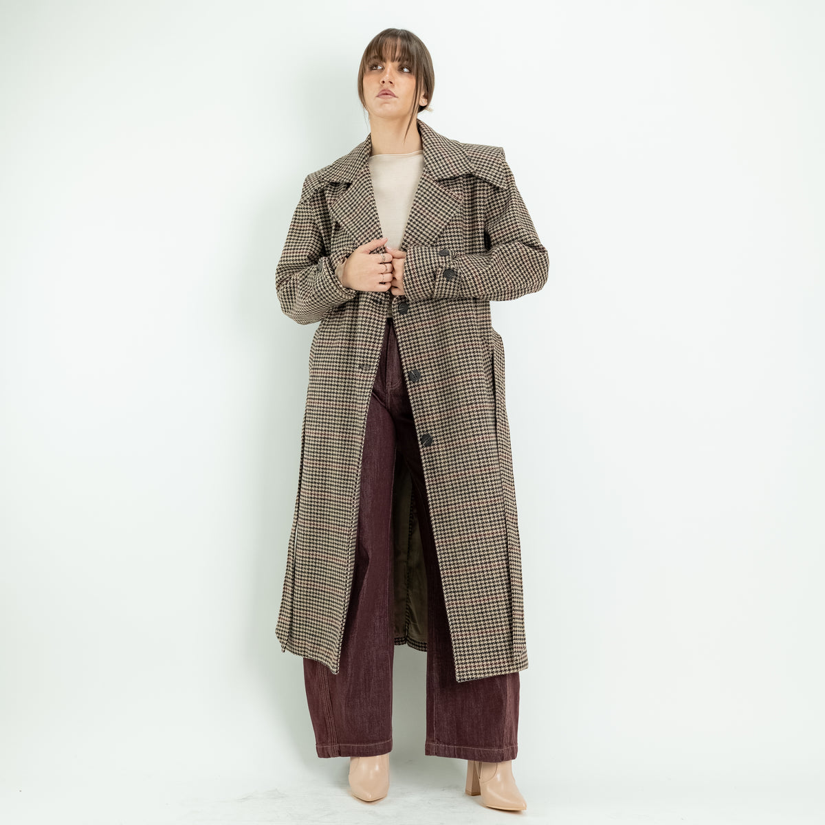 Double-Breasted Houndstooth Trench Coat with Belt