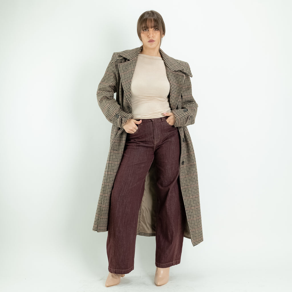 Double-Breasted Houndstooth Trench Coat with Belt