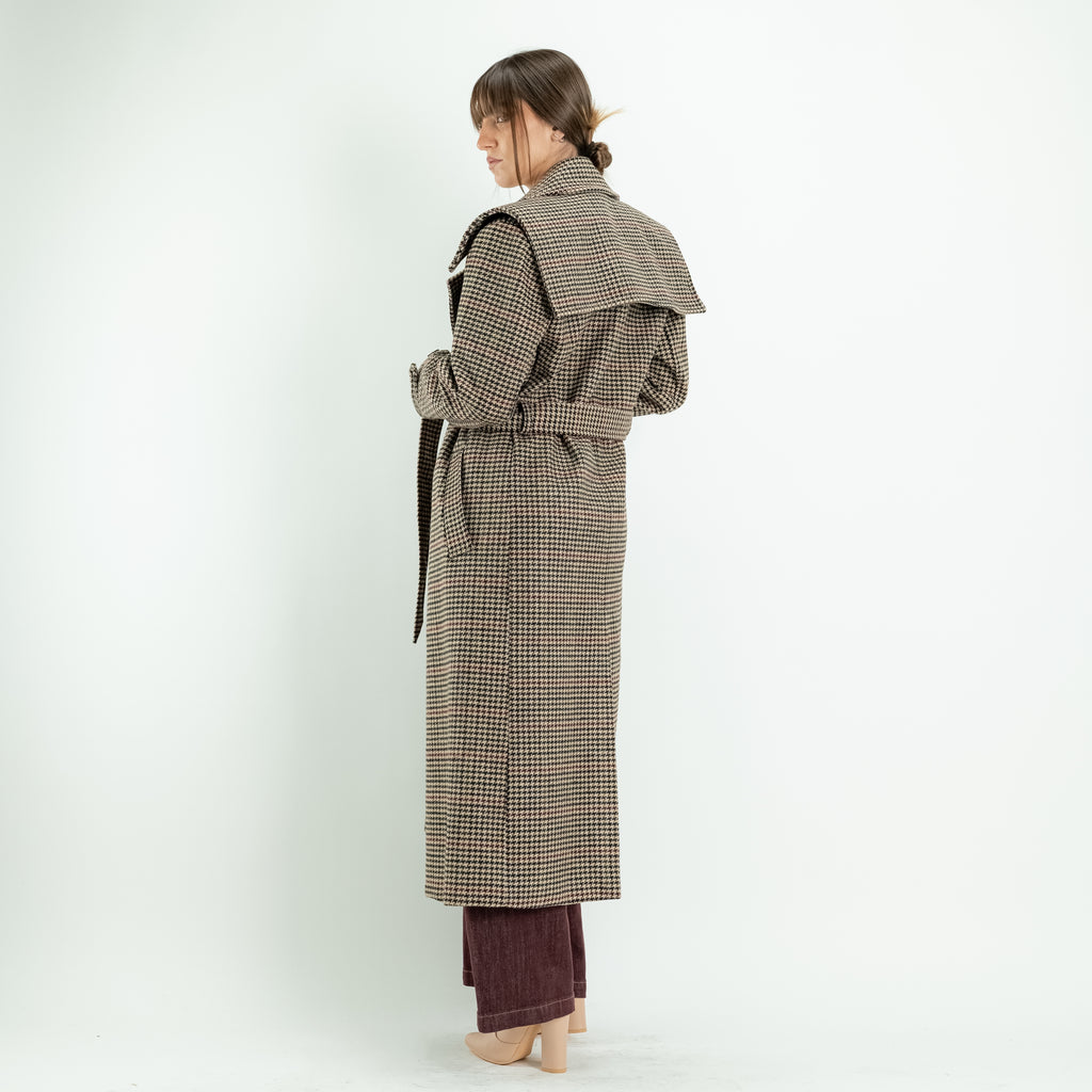 Double-Breasted Houndstooth Trench Coat with Belt