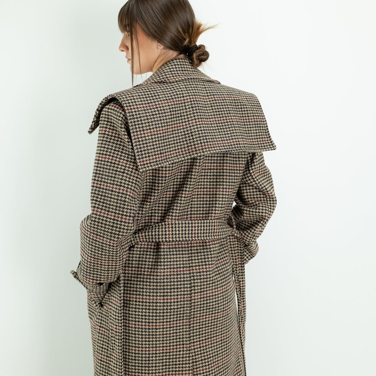 Double-Breasted Houndstooth Trench Coat with Belt