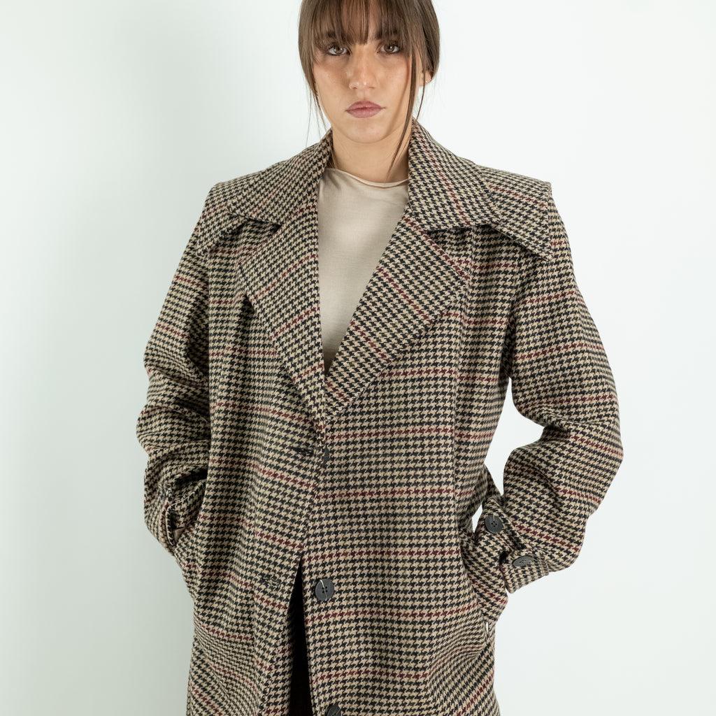 Double-Breasted Houndstooth Trench Coat with Belt