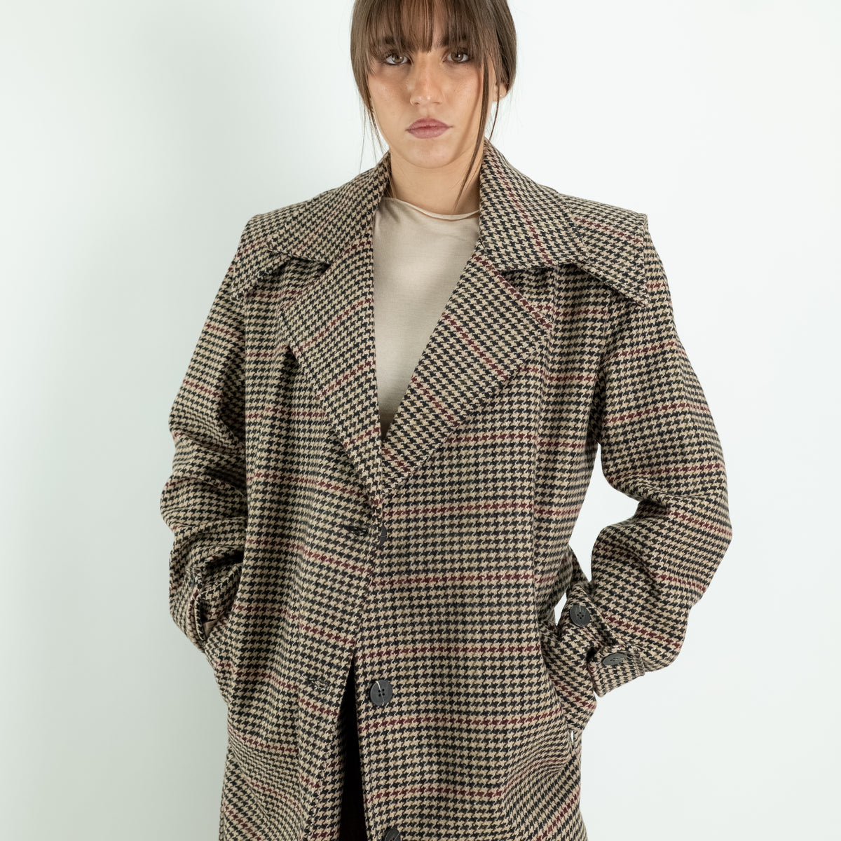 Double-Breasted Houndstooth Trench Coat with Belt
