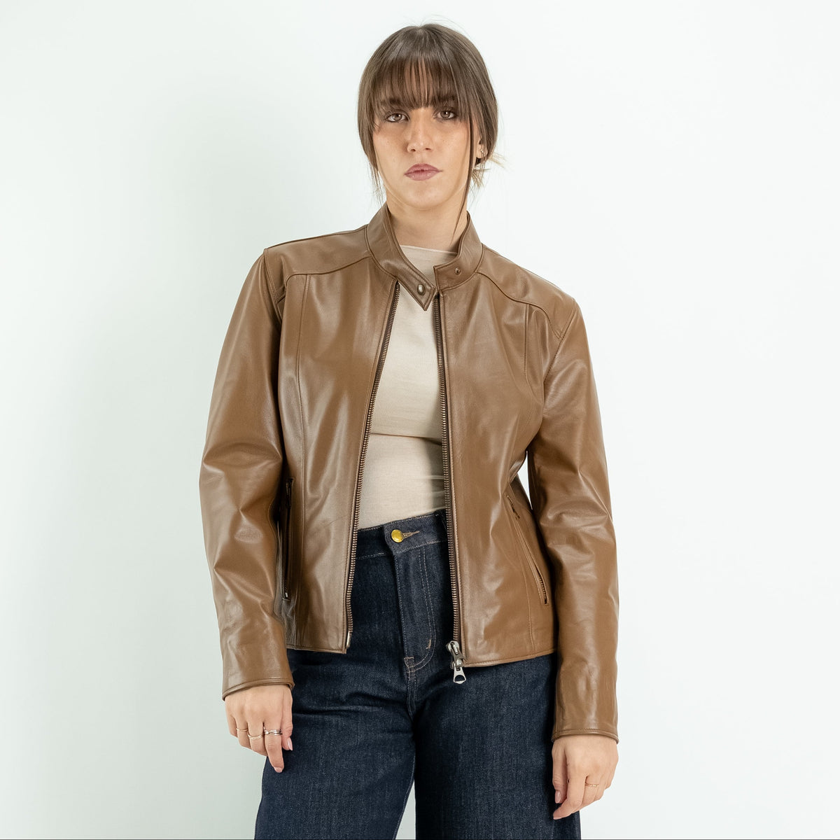 Chaqueta biker para mujer en piel auténtica - Avellana