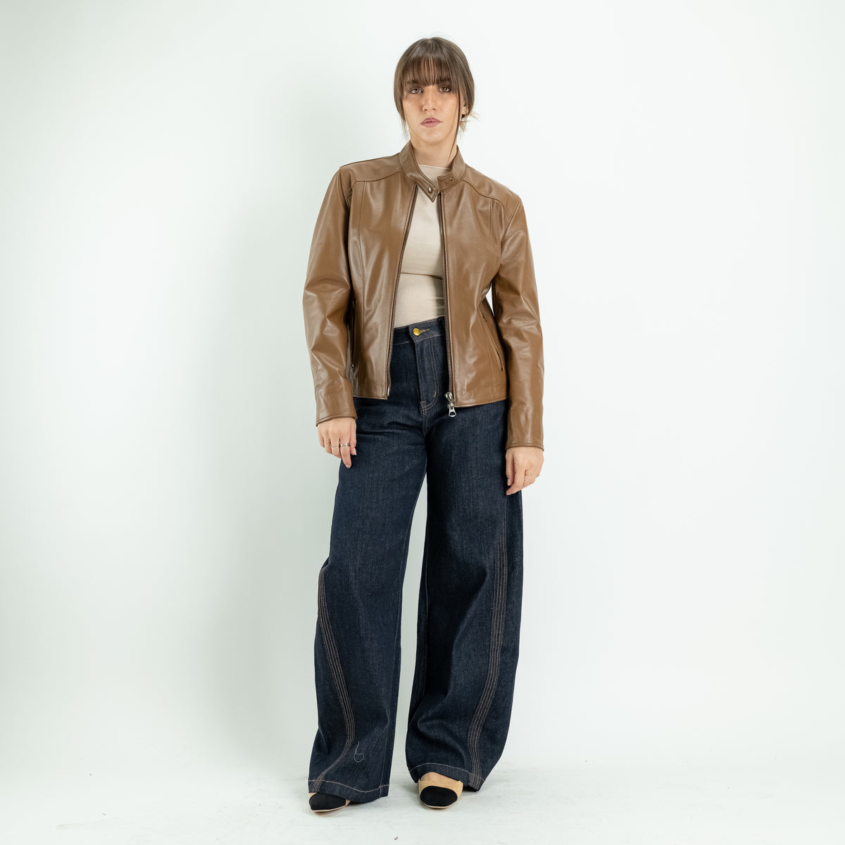 Chaqueta biker para mujer en piel auténtica - Avellana