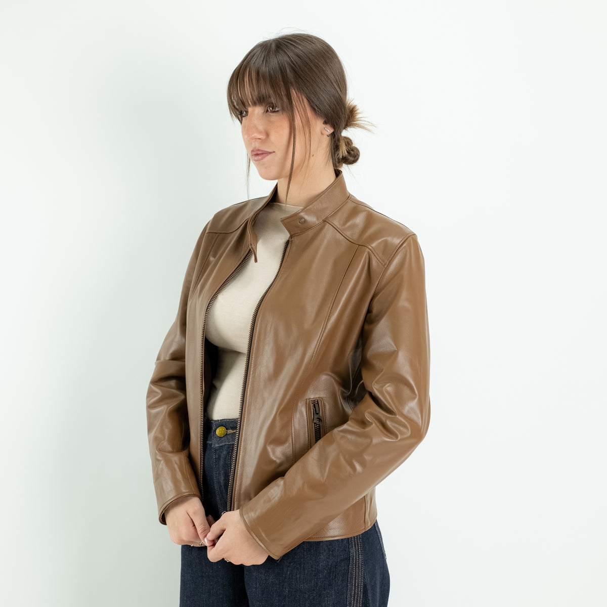 Chaqueta biker para mujer en piel auténtica - Avellana