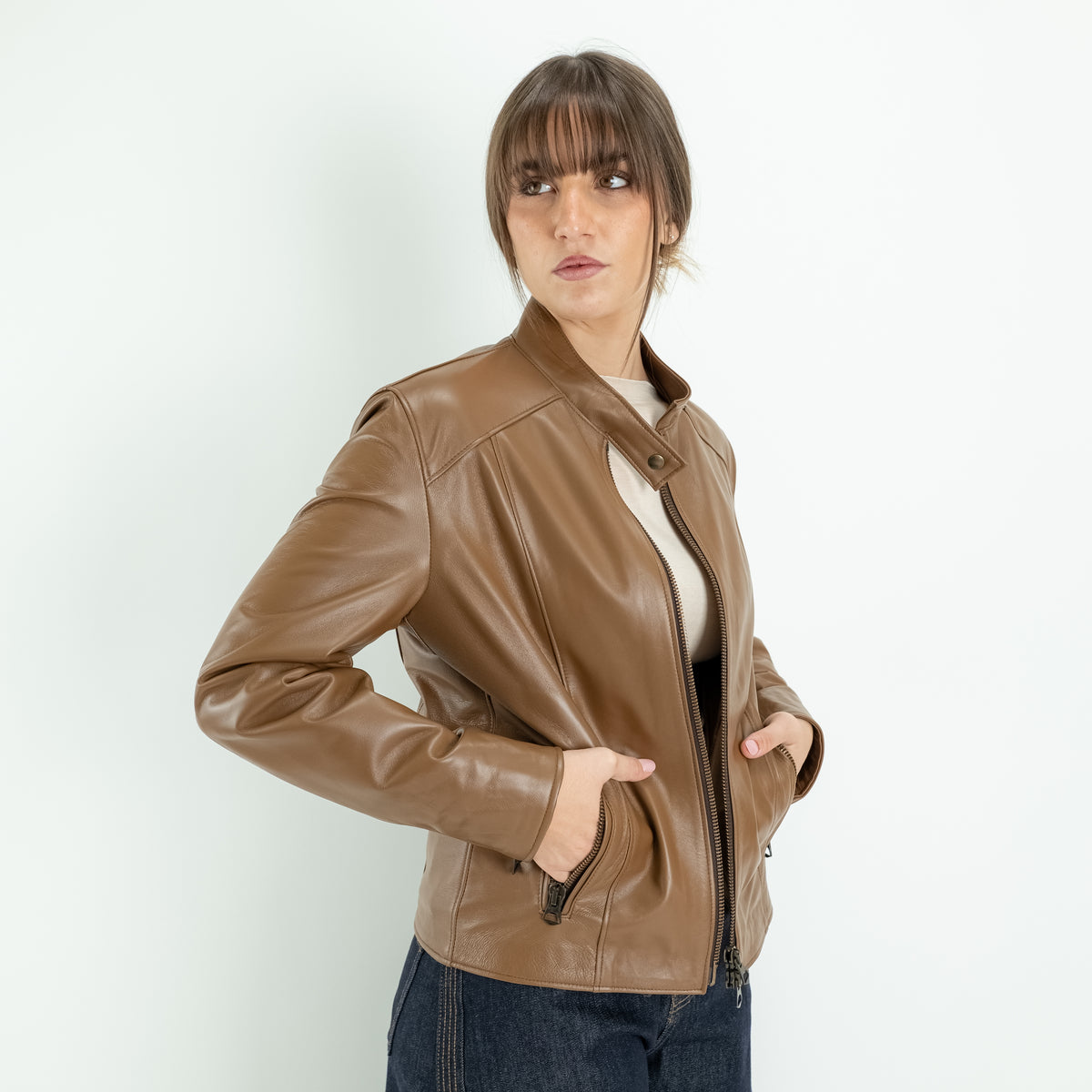 Chaqueta biker para mujer en piel auténtica - Avellana