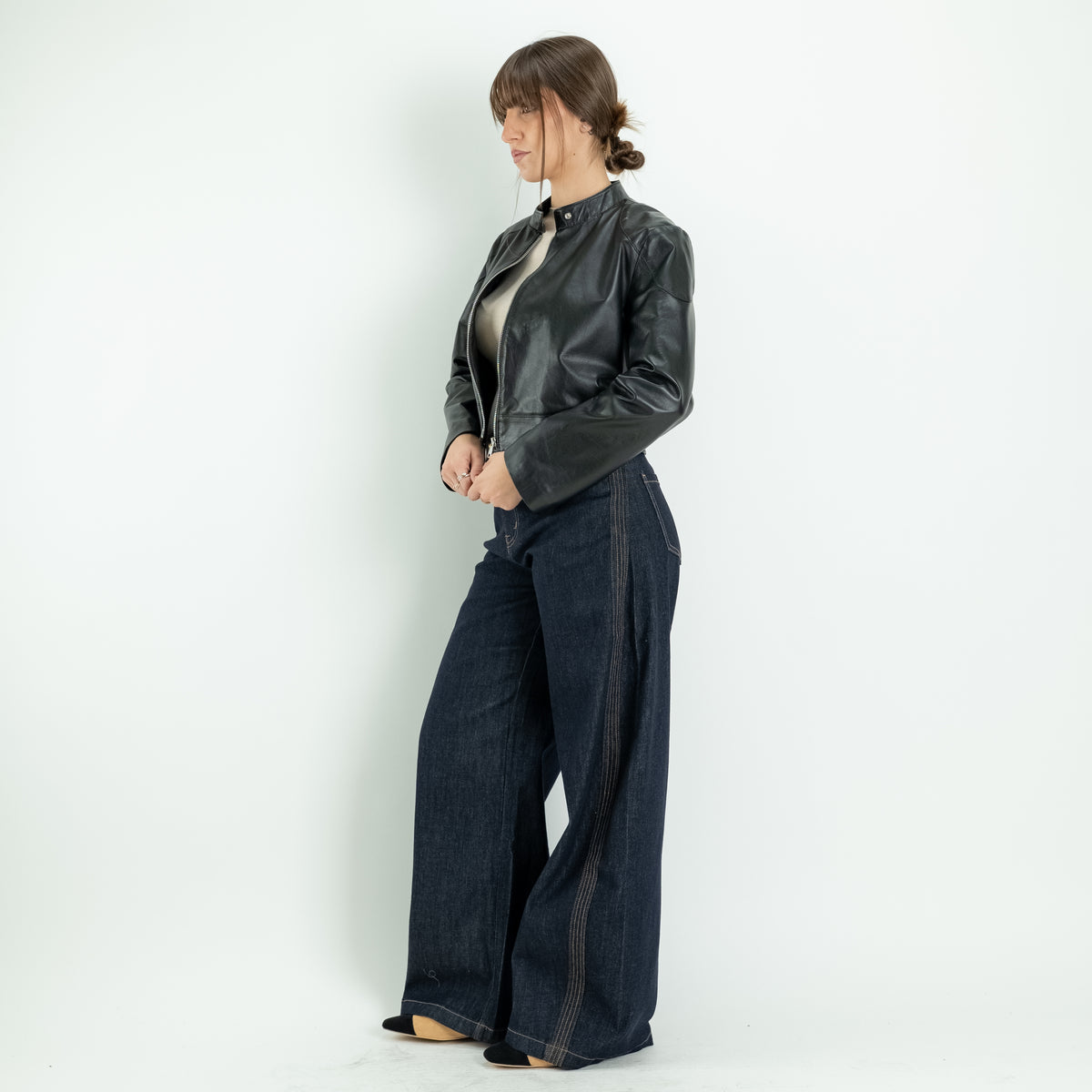 Chaqueta estilo motera para mujer en piel auténtica - Negro