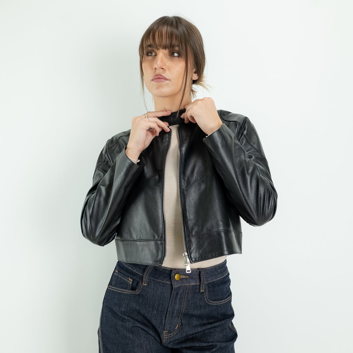 Chaqueta estilo motera para mujer en piel auténtica - Negro