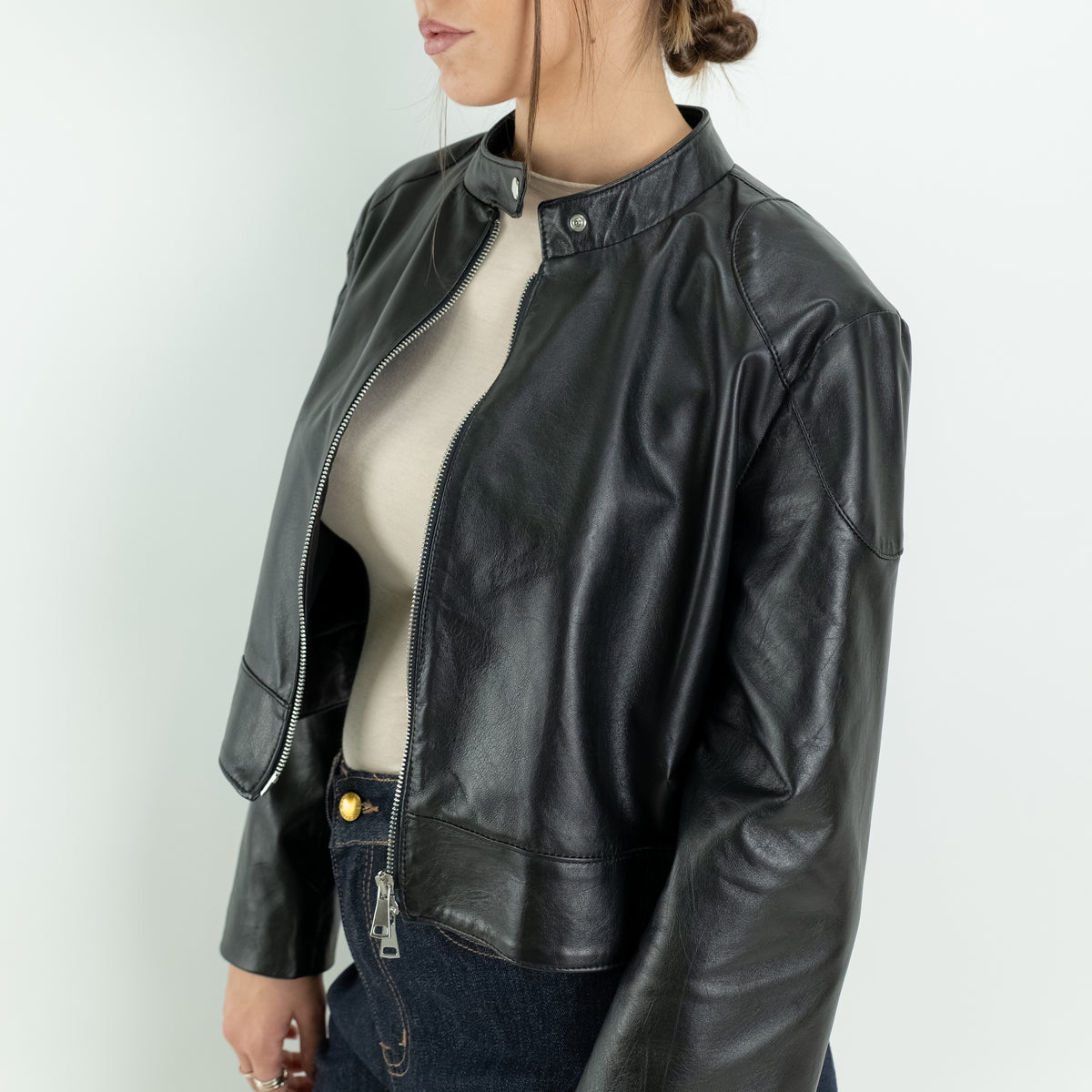 Chaqueta estilo motera para mujer en piel auténtica - Negro