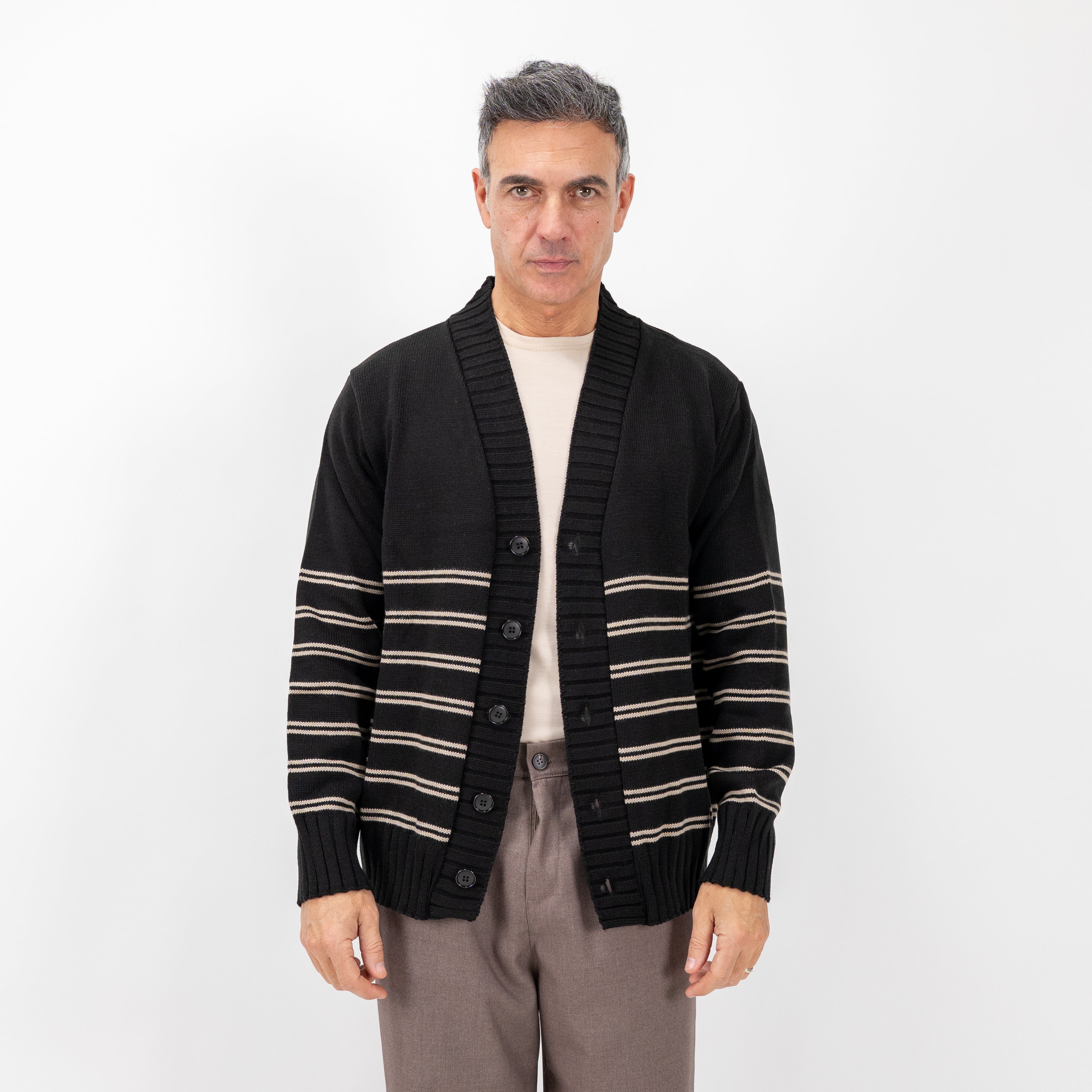 Cardigan a giacca a righe in misto lana - Nero
