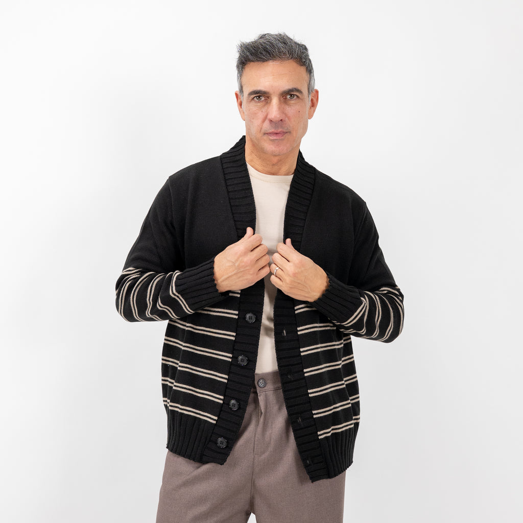 Cardigan a giacca a righe in misto lana - Nero