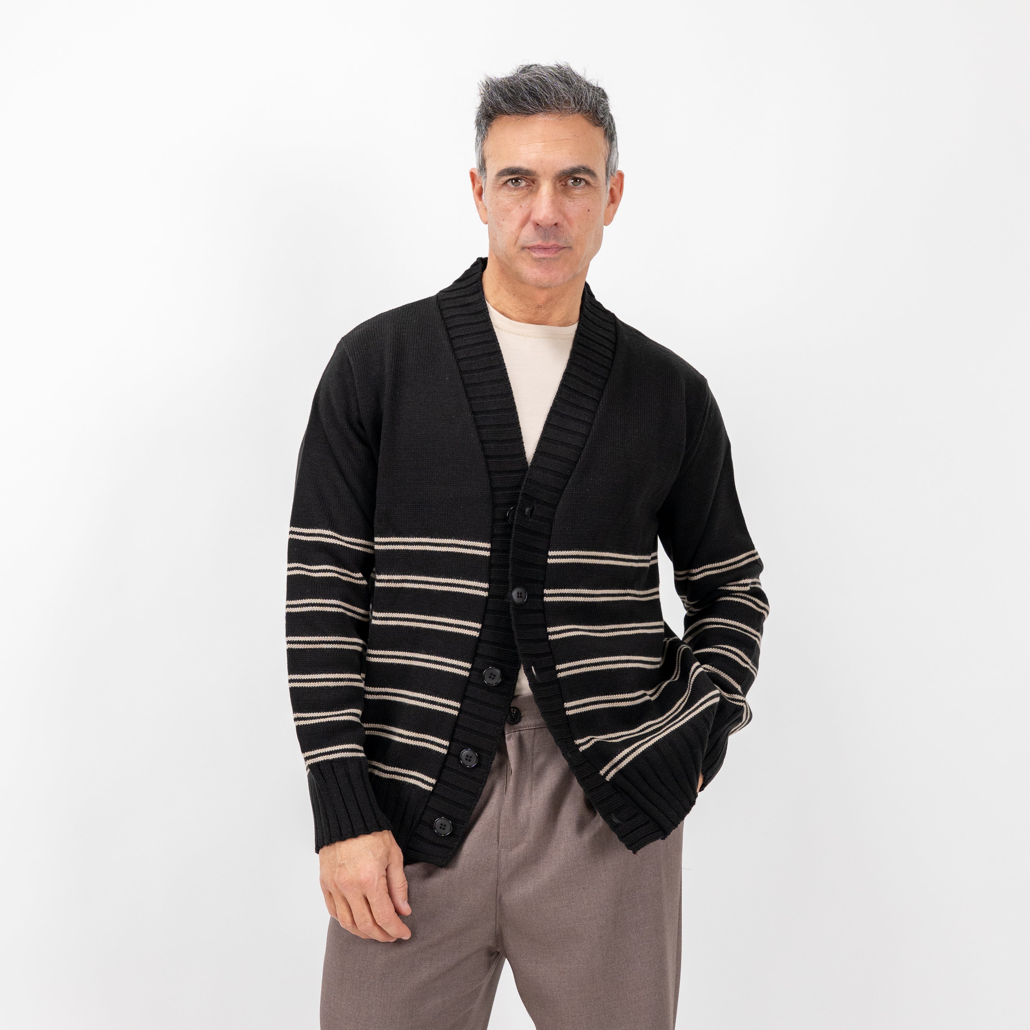 Cardigan a giacca a righe in misto lana - Nero