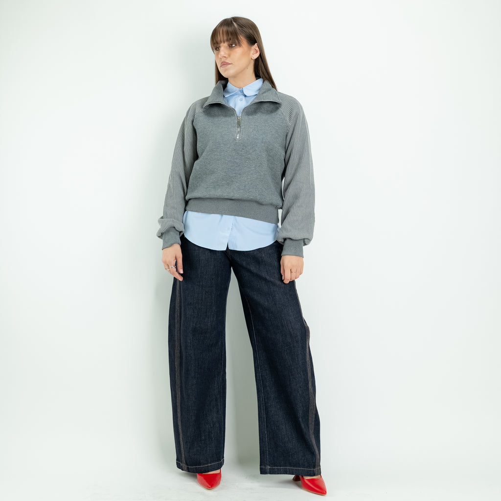 Half-Zip Knit Sweater with Knit Sleeves - Grey