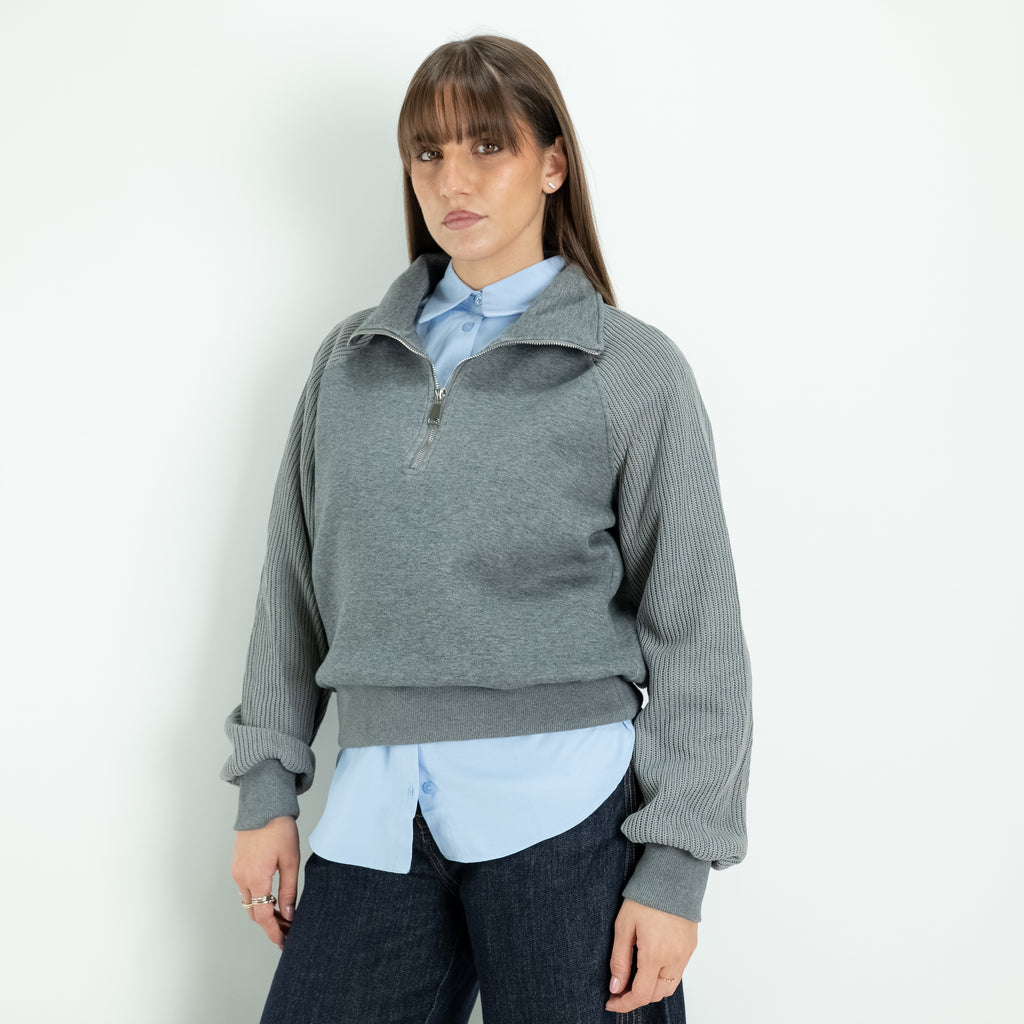Half-Zip Knit Sweater with Knit Sleeves - Grey