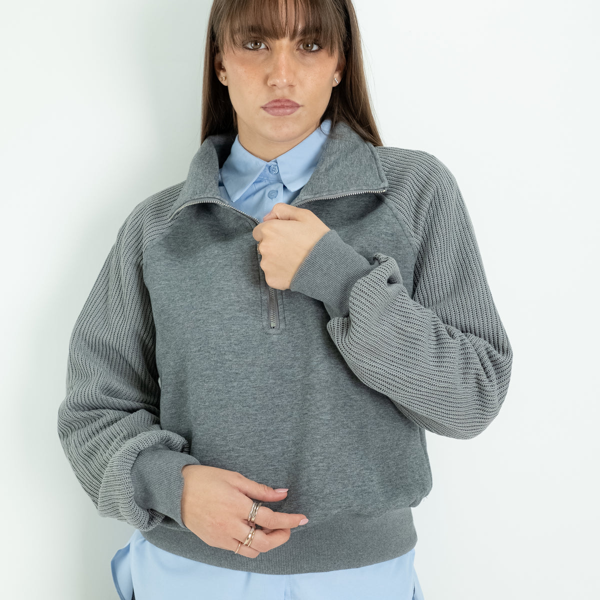 Half-Zip Knit Sweater with Knit Sleeves - Grey