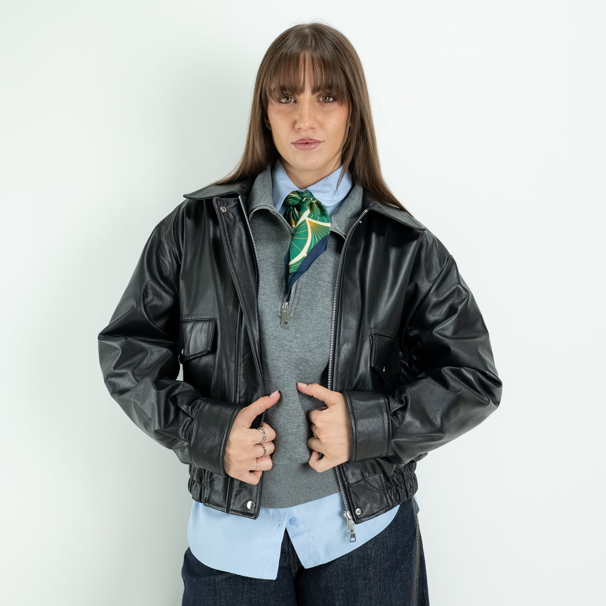 Chaqueta estilo motera para mujer en piel auténtica - Negro