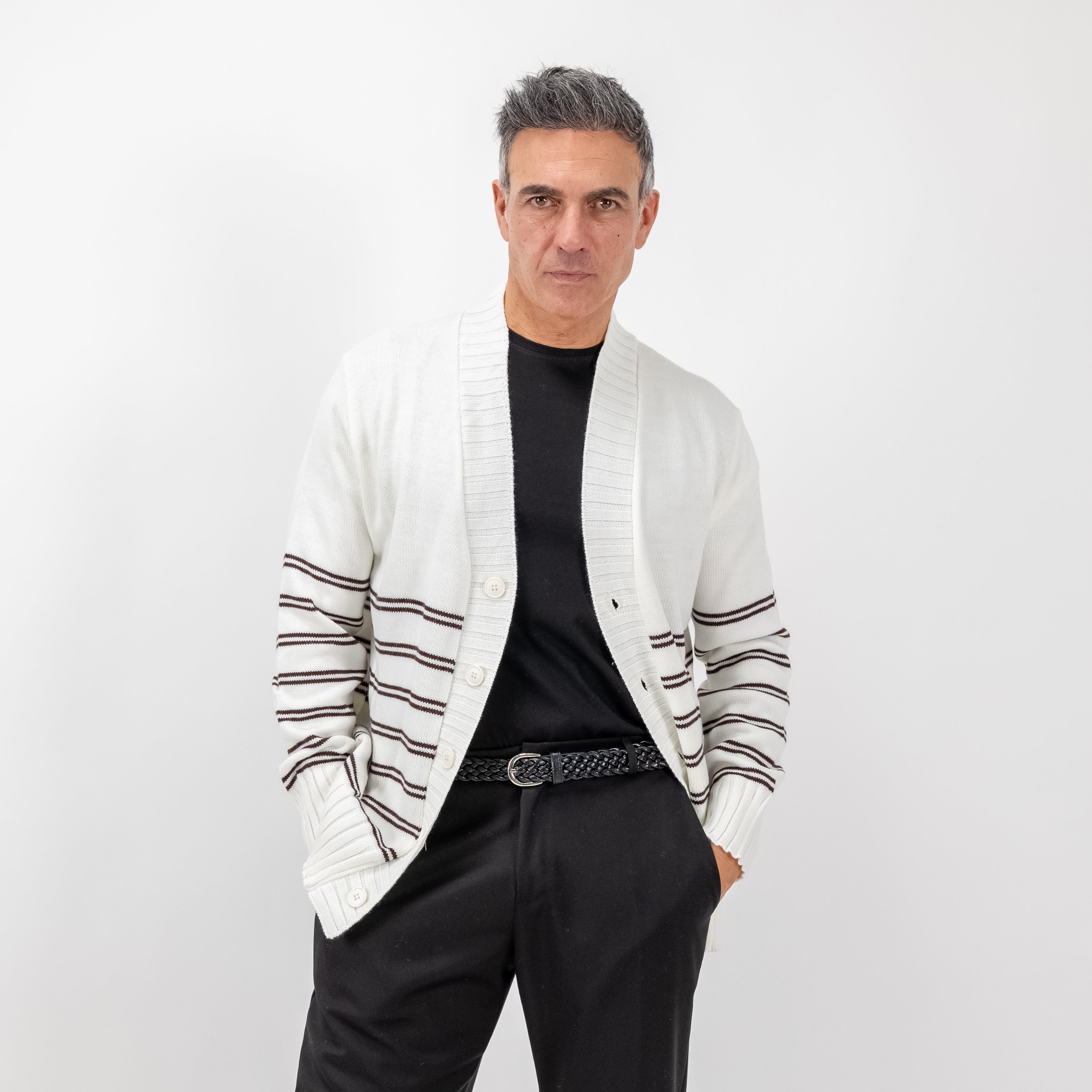 Cardigan a giacca a righe in misto lana - Bianco