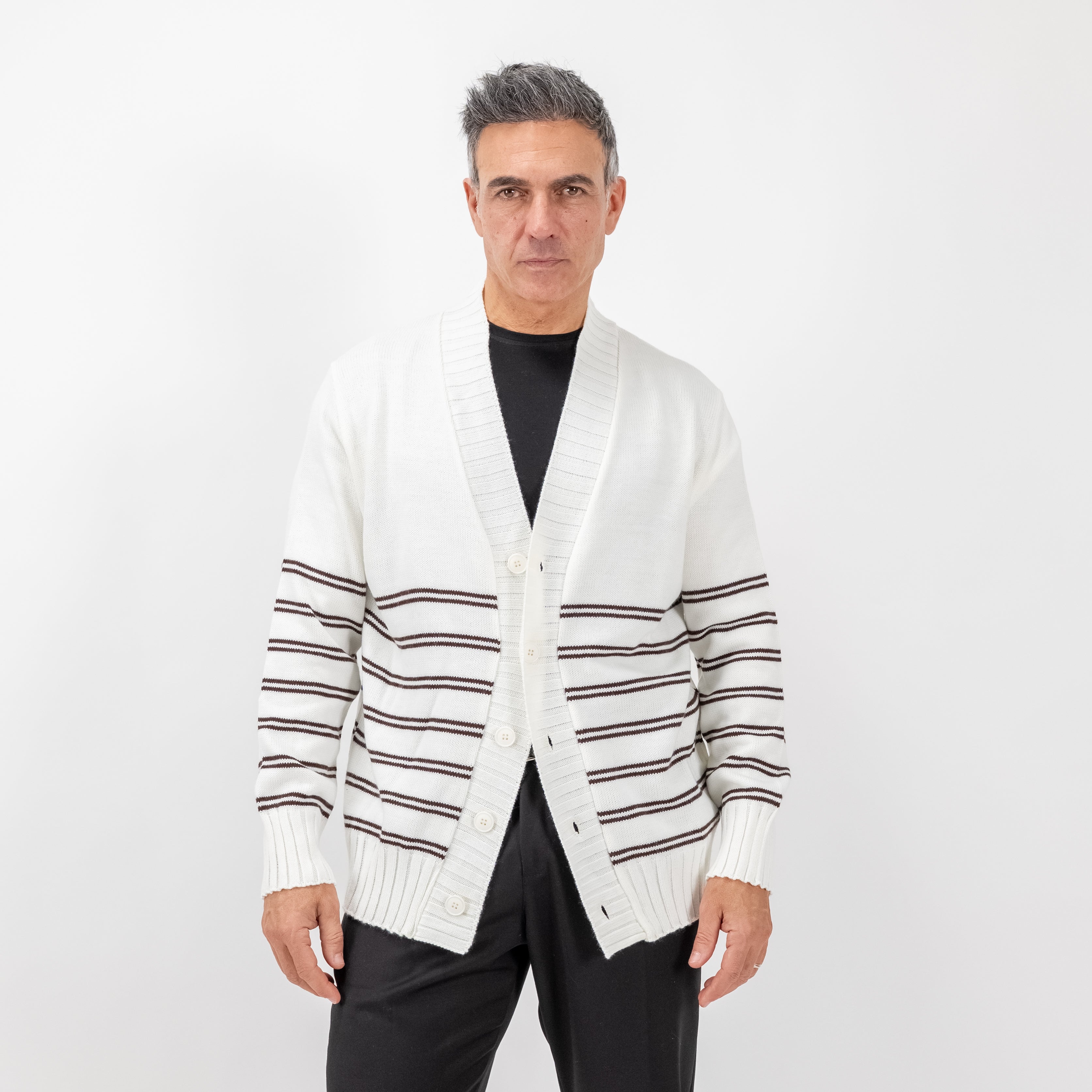 Cardigan a giacca a righe in misto lana - Bianco