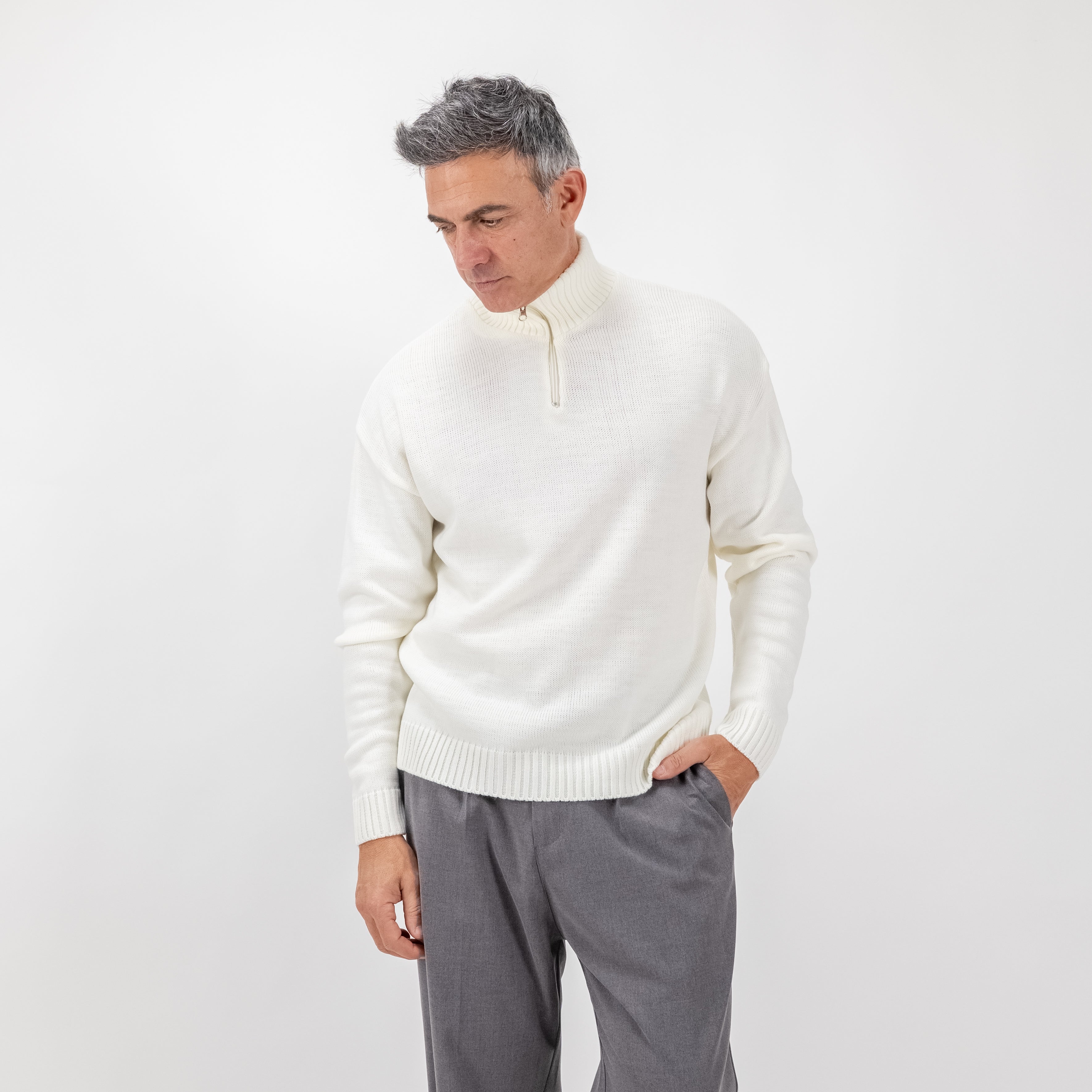 Lupetto con mezza zip in misto lana - Panna