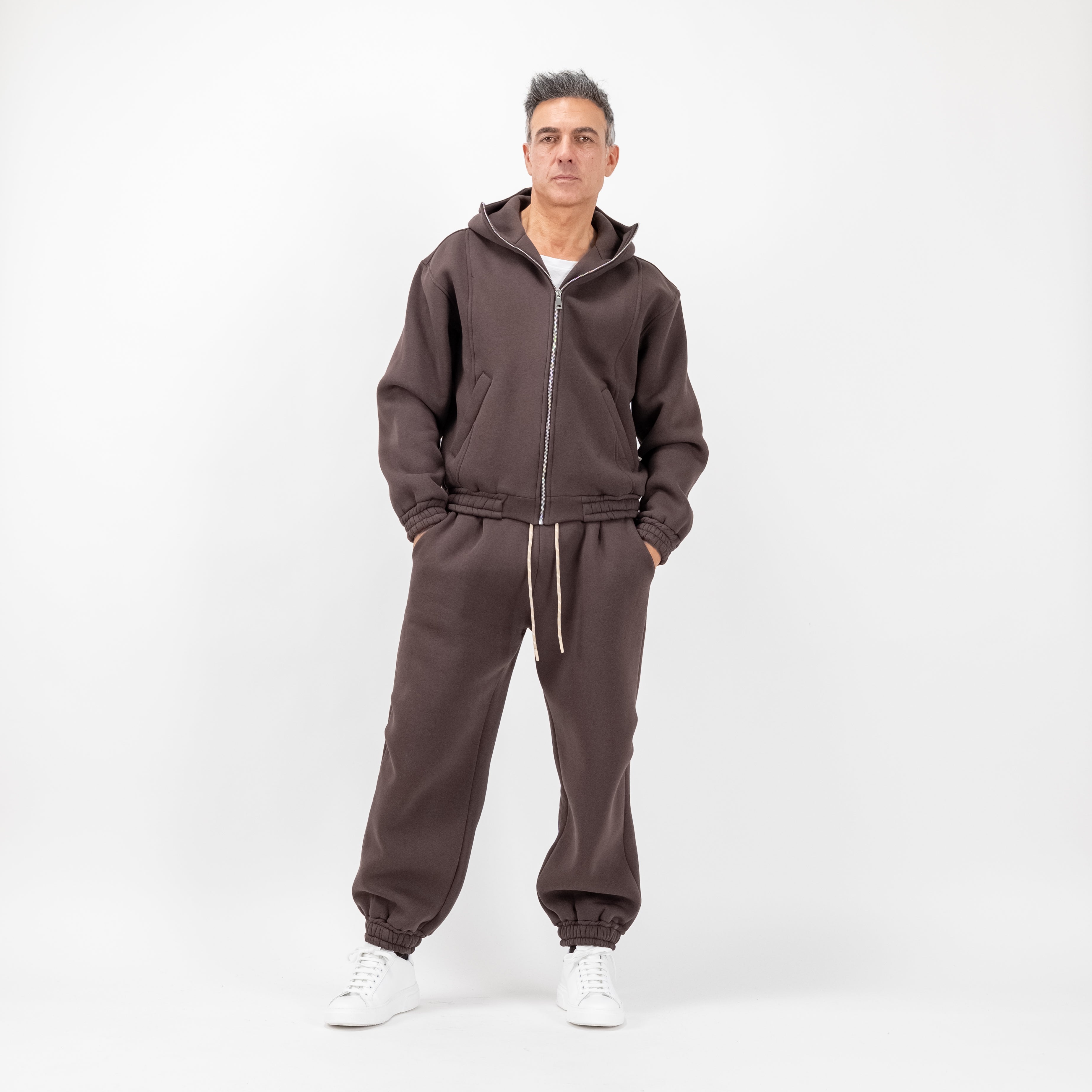 Tuta con felpa zip e pantalaccio comfy - Marrone